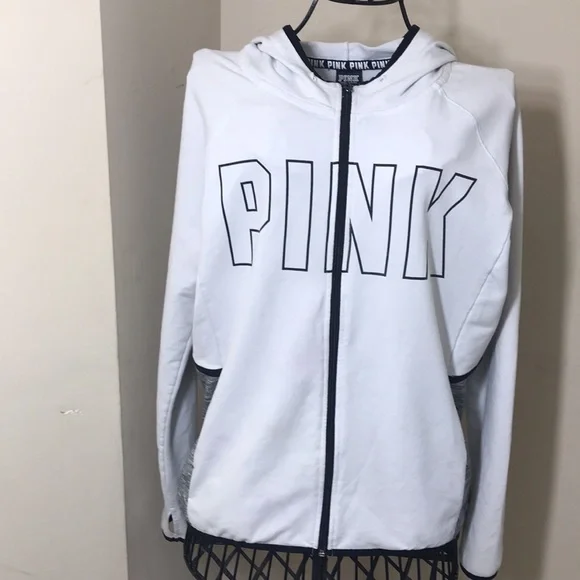 PINK Victoria’s Secret White Gray & Black Zippered Hoodie - Picture 2 of 8